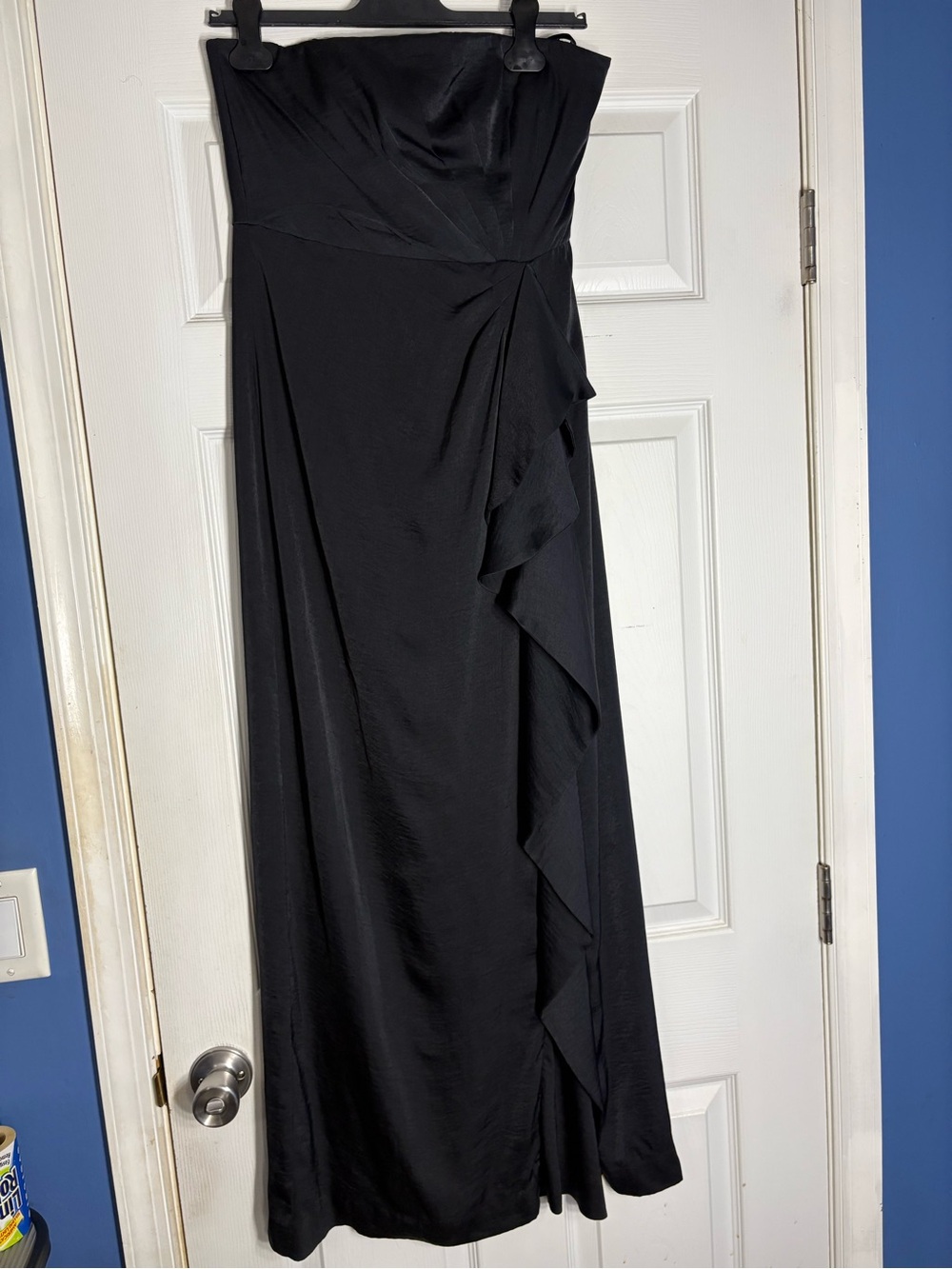 BCBGMaxAzria Blue Strapless Cascade Ruffle Gown